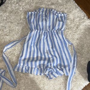 strapless blue and white stripped romper